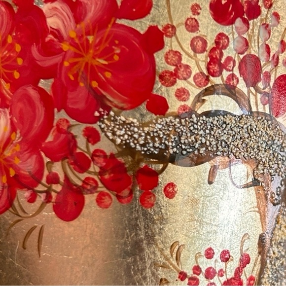 Asian LACQUERWARE Vase Gold w/Handpainted Red Flowers Black Hole 12" x 7" x 3" - Picture 6 of 10